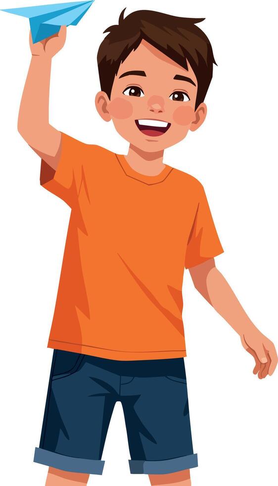 Boy throwing paper airplane in orange shirt and blue shorts summer fun play activity vector