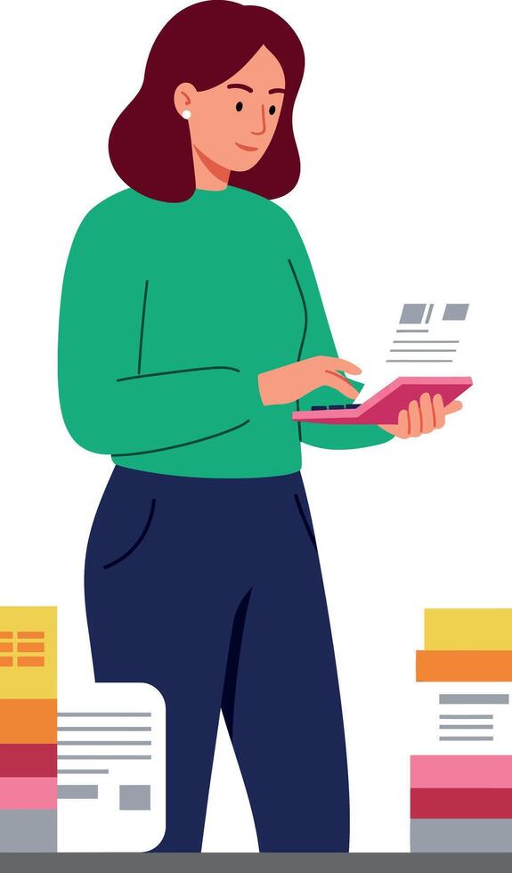 Woman Reading Document Illustration in Casual Clothing with Books and Papers vector