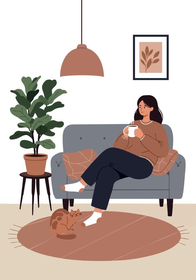 Woman Relaxing on Grey Sofa with Coffee and Cat in Cozy Living Room Illustration vector