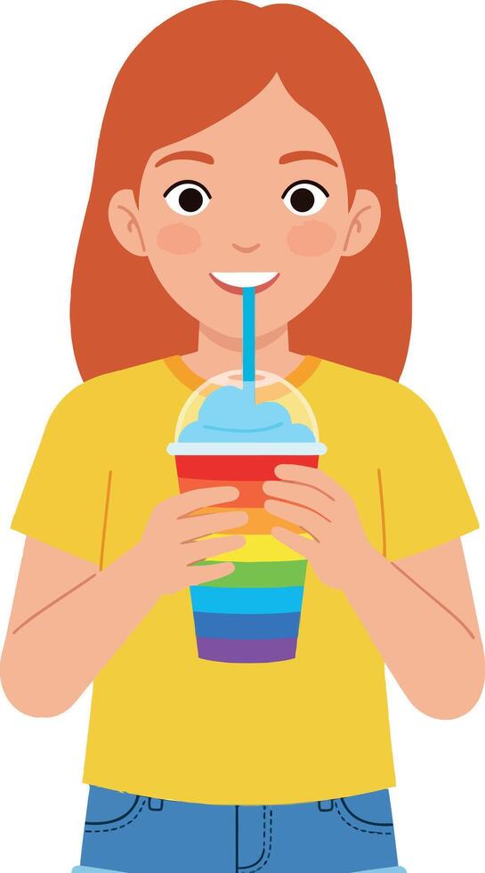 Girl Drinking Rainbow Color Smoothie Illustration in Yellow Shirt and Blue Jeans vector