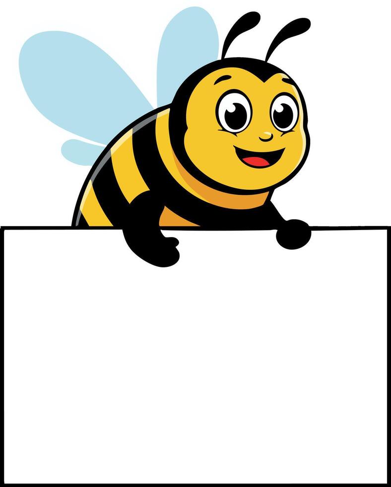 Cute cartoon bee holding blank sign with yellow and black stripes illustration vector
