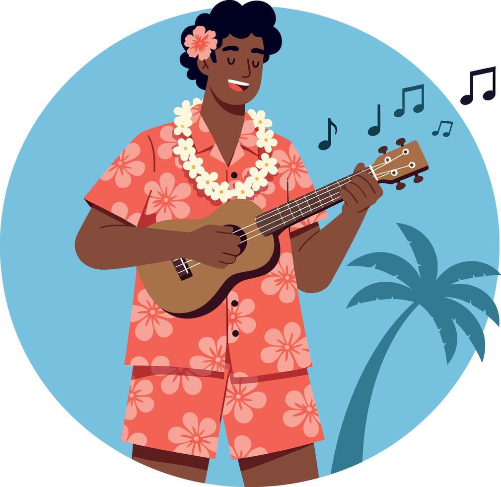 Hawaiian man playing ukulele in floral shirt and lei with palm tree background illustration vector