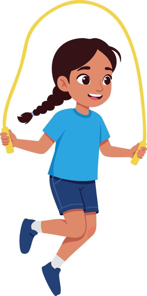 Girl jumping rope in blue shirt and shorts active play illustration vector