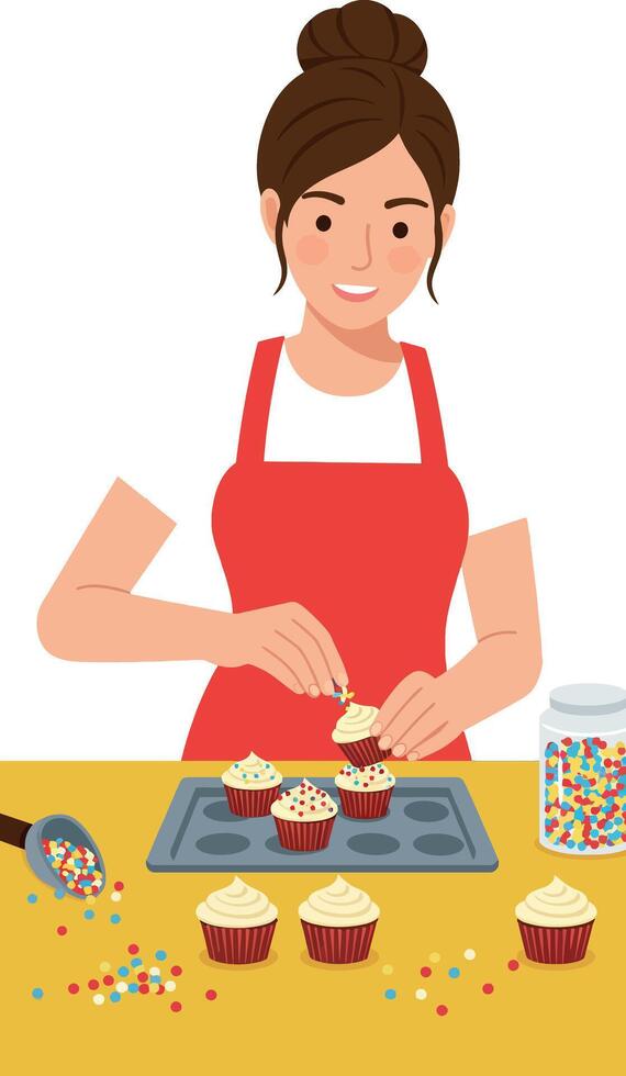 Woman in red apron decorating colorful cupcakes on yellow table illustration vector