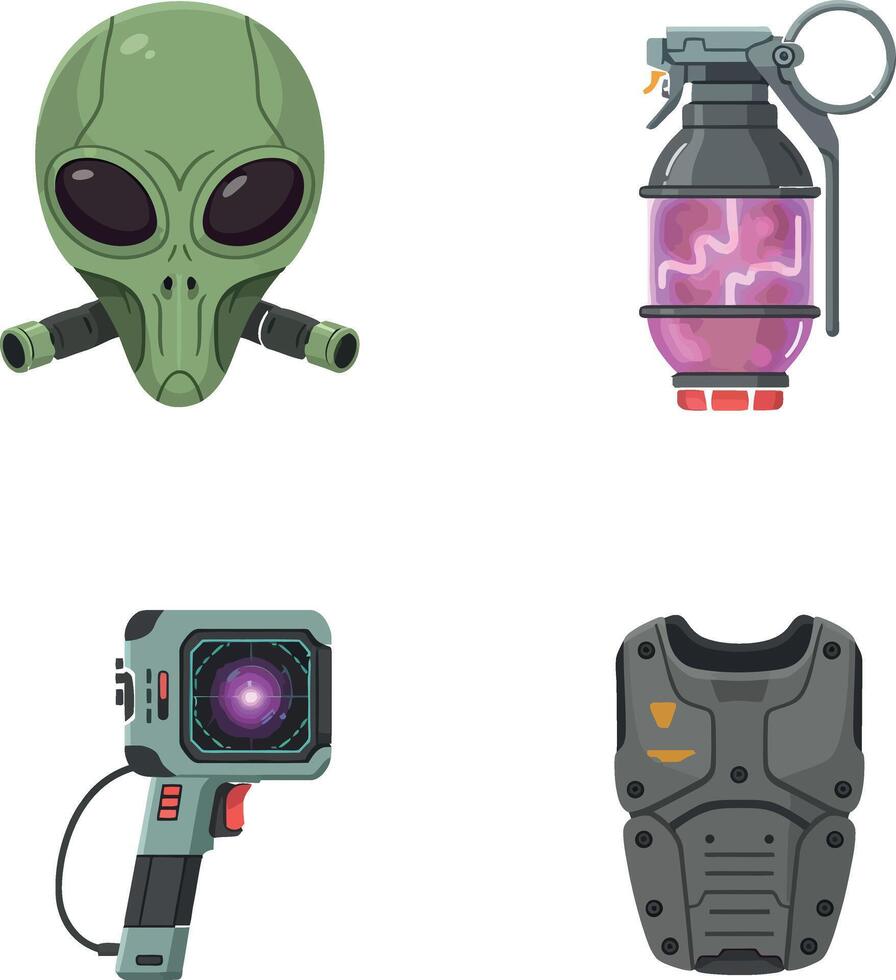 Alien mask grenade armor and futuristic weapon set with sci-fi elements vector