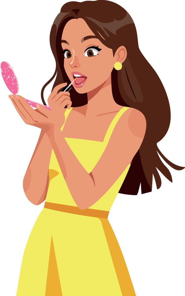 Young woman applying lipstick with compact mirror beauty makeup routine illustration vector