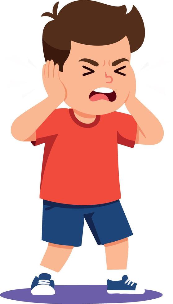Frustrated young boy covering ears in red shirt and blue shorts illustration vector