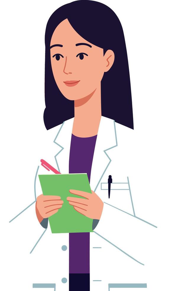 Female doctor holding clipboard in white coat medical professional illustration vector