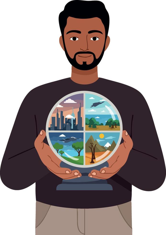 Man holding globe with four seasons nature environment concept illustration vector