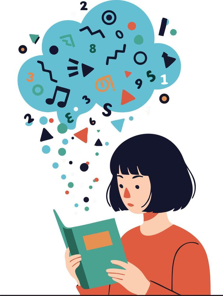 Young girl reading book with creative music notes and numbers illustration vector