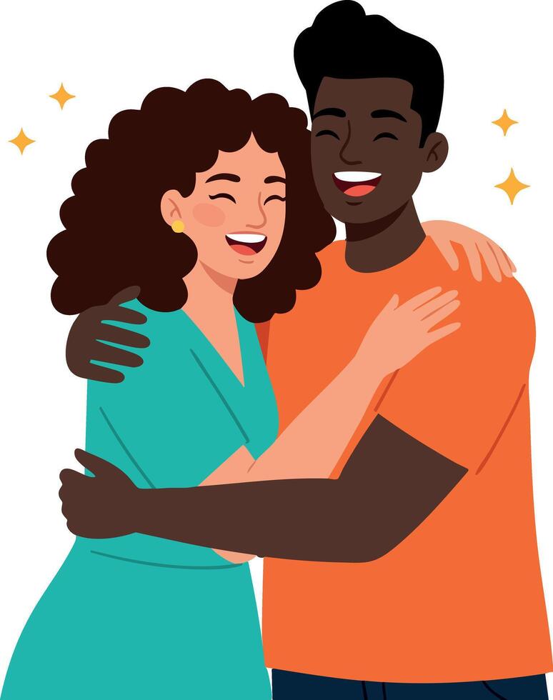 Happy couple hugging warmly with joyful expressions in colorful casual clothing illustration vector