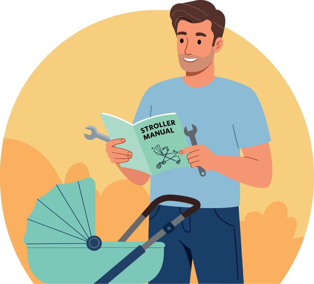 Man Reading Stroller Manual and Assembling Baby Stroller in Outdoor Setting with Blue Shirt vector