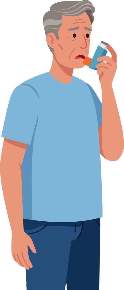 Older man using inhaler for asthma treatment in casual clothing illustration vector