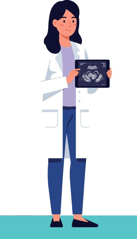 Female doctor holding ultrasound scan illustration in medical setting vector