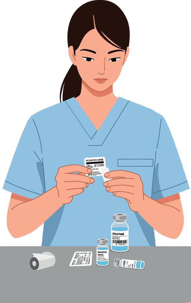 Female nurse preparing medication with medical supplies in clinical healthcare setting illustration vector