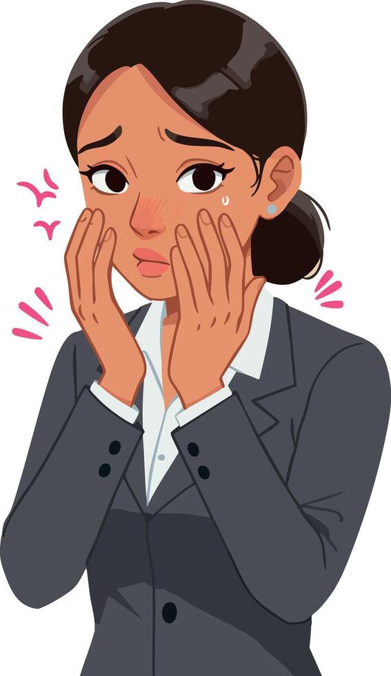 Worried businesswoman in gray suit holding face expressing anxiety illustration vector