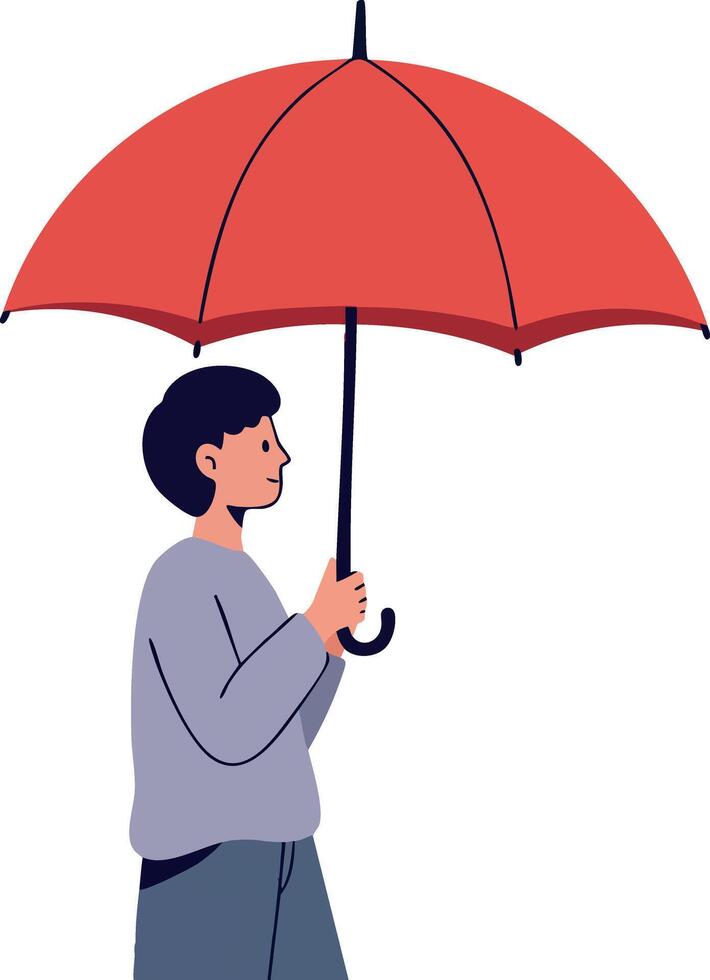 Boy holding red umbrella standing sideways illustration in casual clothes vector