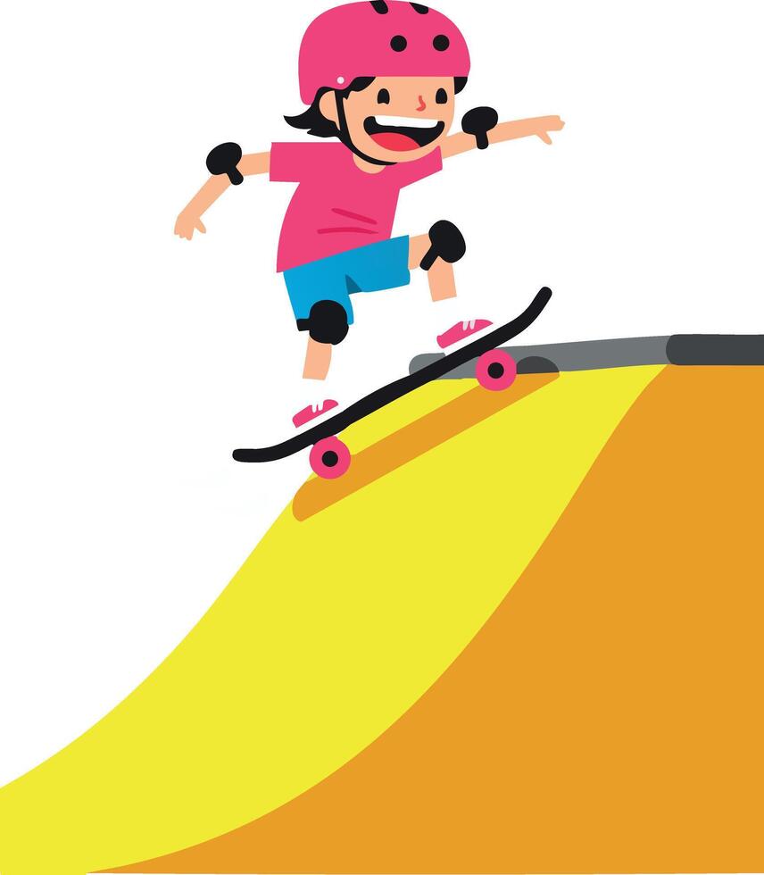Skateboarder performing trick on yellow ramp with pink helmet and protective gear illustration vector