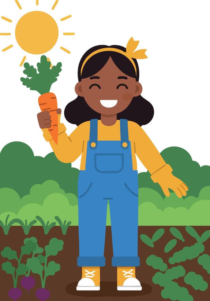 Girl holding carrot in garden with sun shining bright and green plants illustration vector