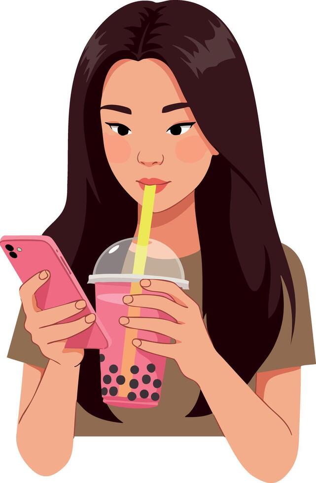 Young woman drinking bubble tea and using smartphone illustration portrait vector