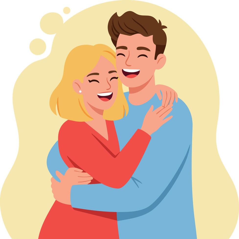 Happy couple hugging with joyful expressions in colorful casual clothes illustration vector