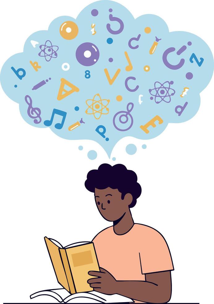 Boy reading book with creative scientific and musical symbols floating above mind illustration vector