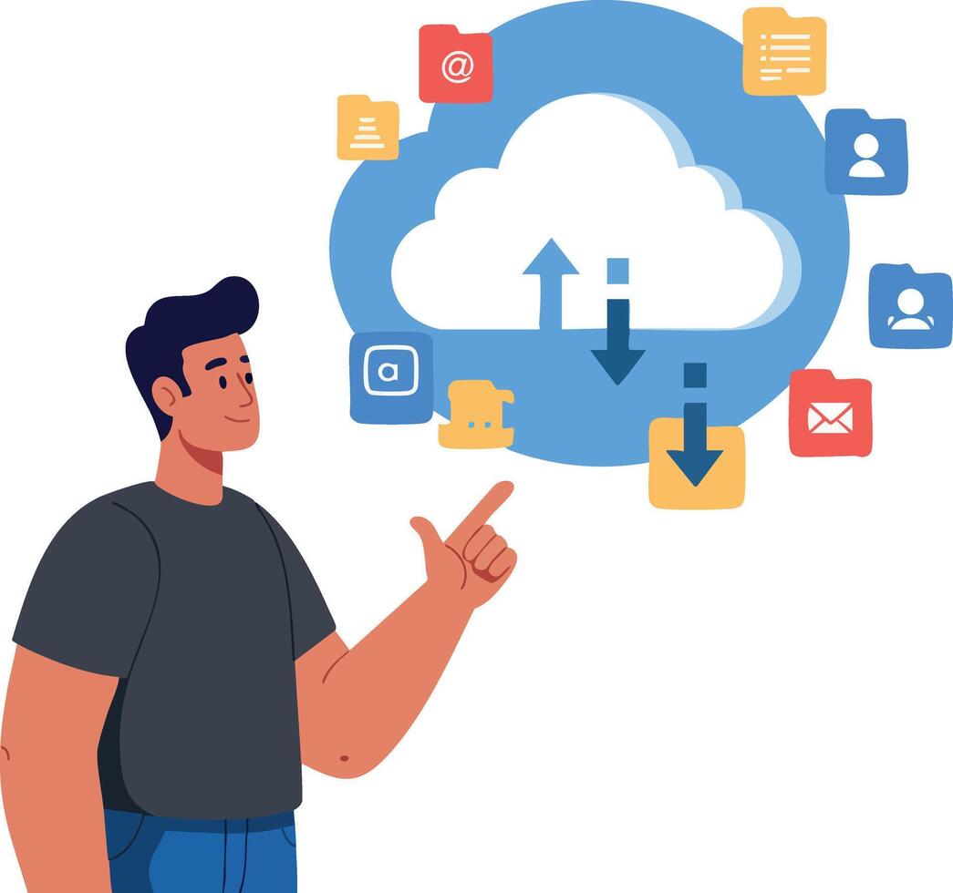 Man Uploading and Downloading Files to Cloud Storage Concept Illustration vector