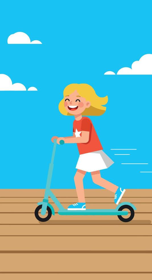 Girl riding electric scooter outdoor on wooden path with blue sky background vector