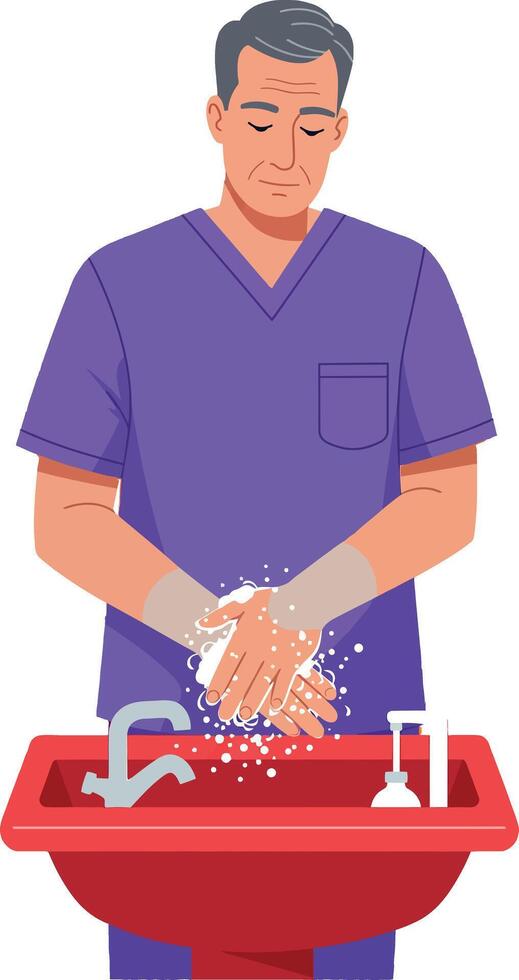 Man in purple scrubs washing hands thoroughly at sink illustration vector