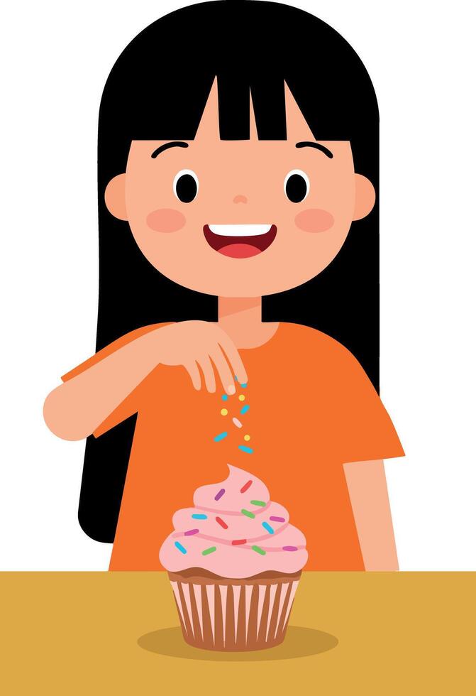 Girl Decorating Cupcake with Sprinkles in Orange Shirt Illustration Portrait vector