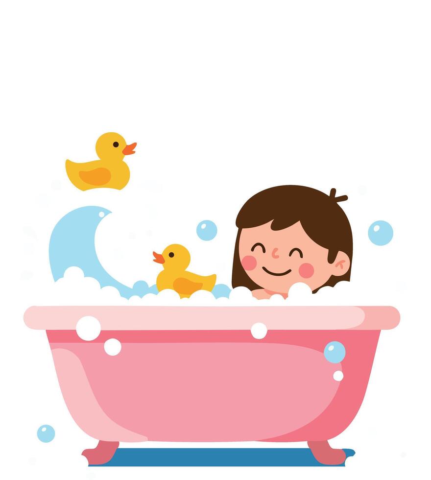 Child enjoying bath time with yellow rubber ducks in pink bathtub illustration vector