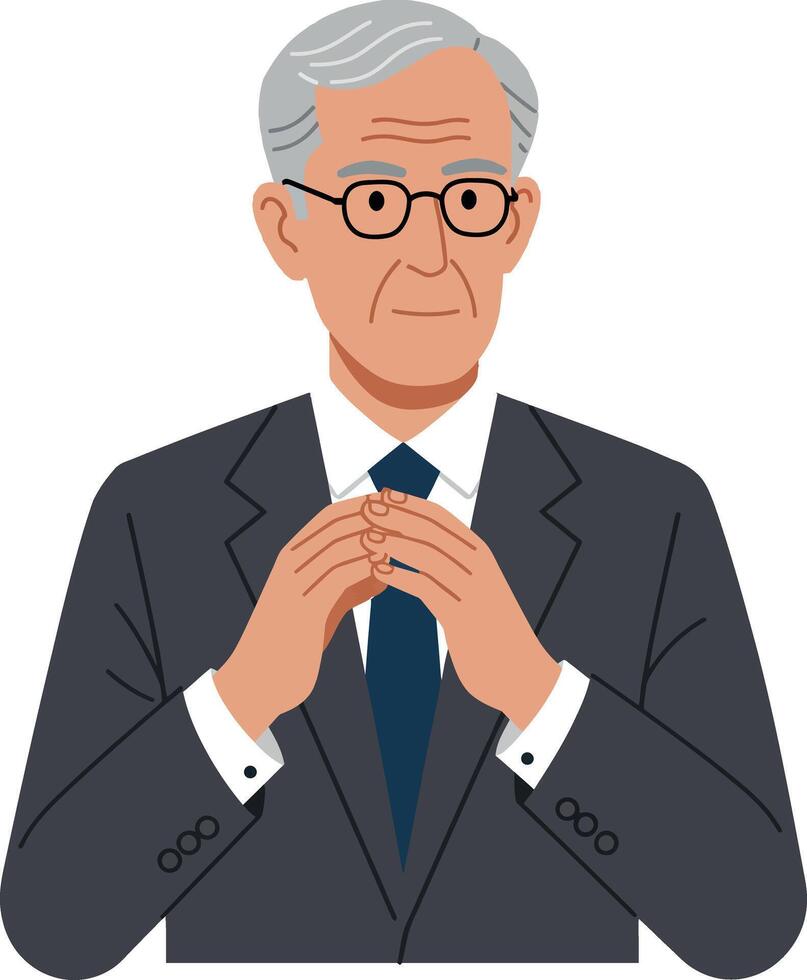 Elderly man in dark suit with glasses and gray hair thoughtful pose illustration vector