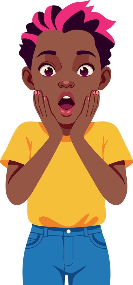 Surprised young person with pink hair and yellow shirt expressing shock illustration vector
