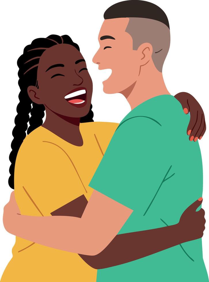 Happy couple hugging with smiling faces in colorful clothes illustration vector