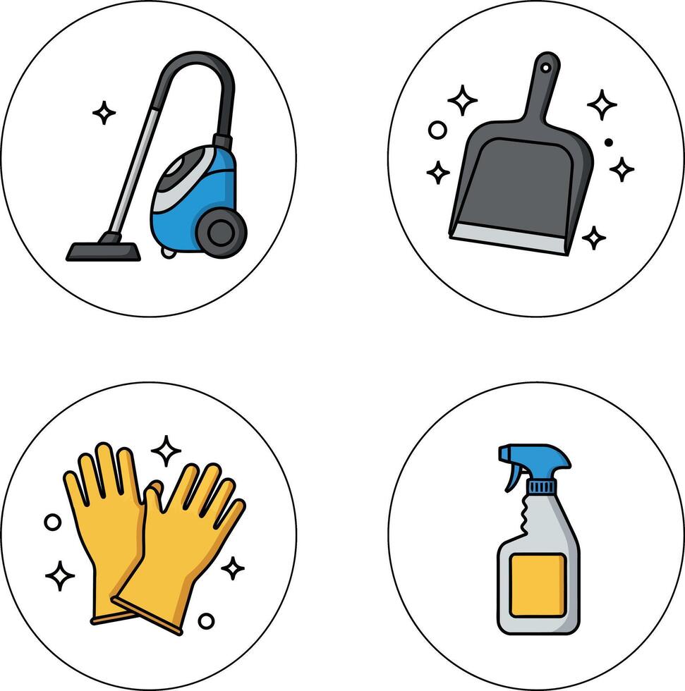 Cleaning tools vacuum gloves spray bottle and dustpan icons set vector