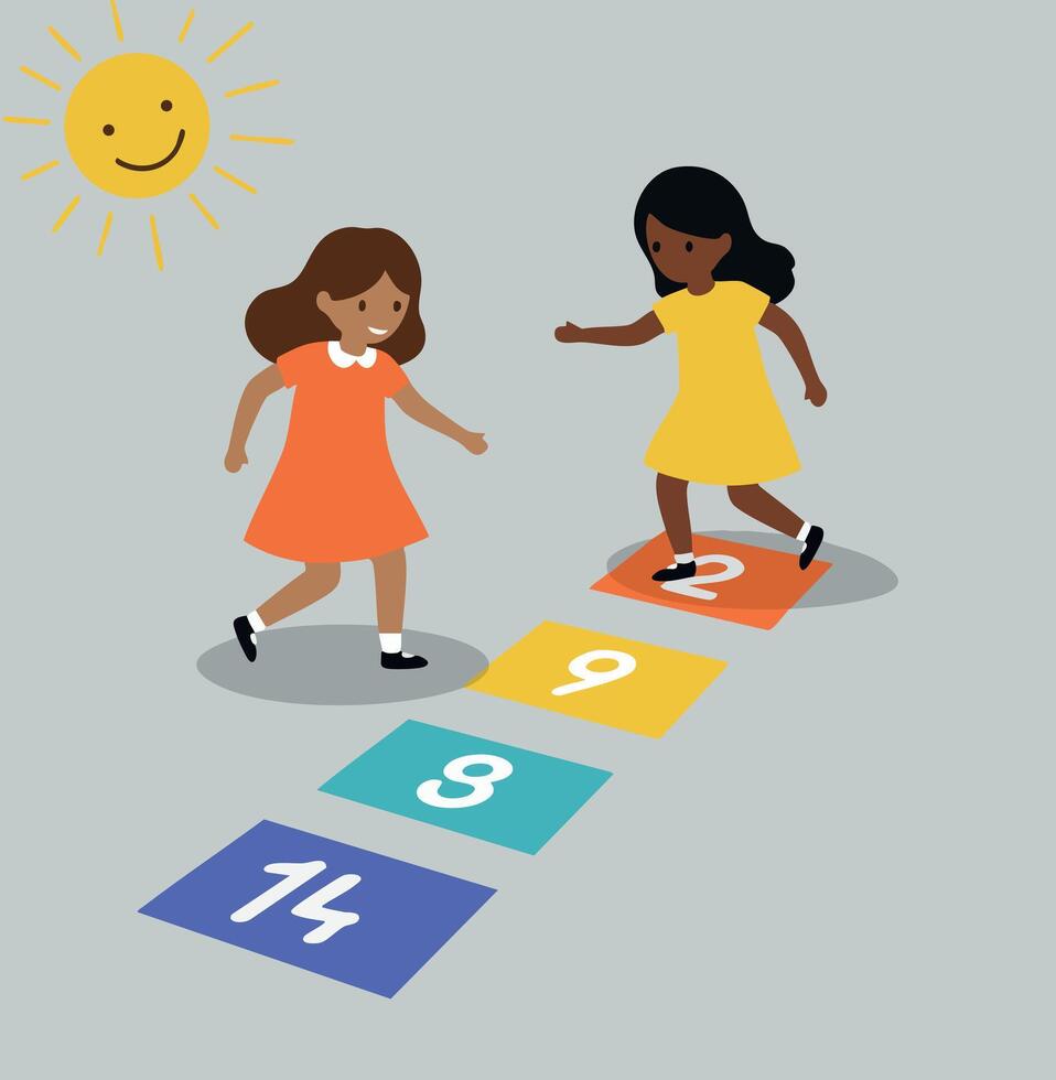 Children playing hopscotch with colorful squares and smiling sun illustration vector
