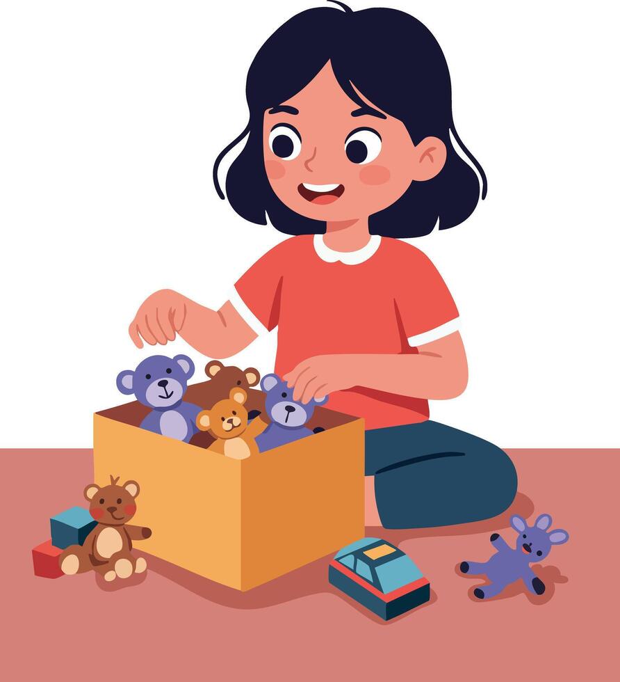 Child playing with teddy bears and toys sitting on floor in casual clothes illustration vector