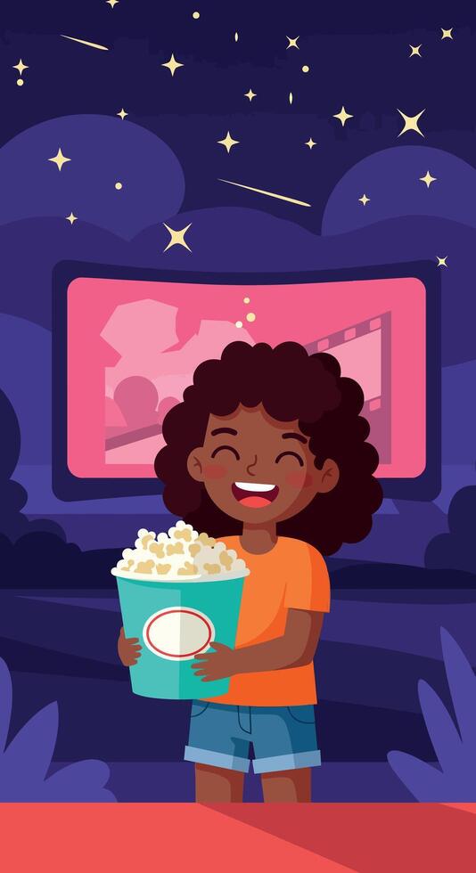Happy girl holding popcorn at movie theater watching film smiling with joy indoors vector