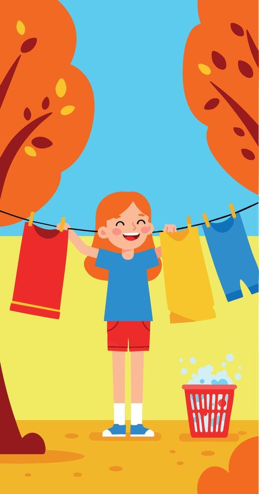 Girl Hanging Clothes Outdoors in Autumn with Orange Trees and Blue Sky Illustration vector