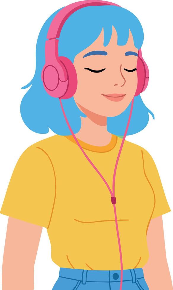 Young woman with blue hair listening to music on pink headphones in yellow shirt illustration vector