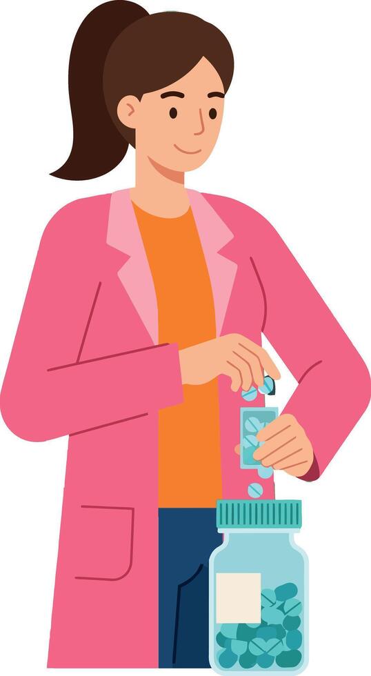 Woman in pink coat preparing pills from bottle in medical setting illustration vector
