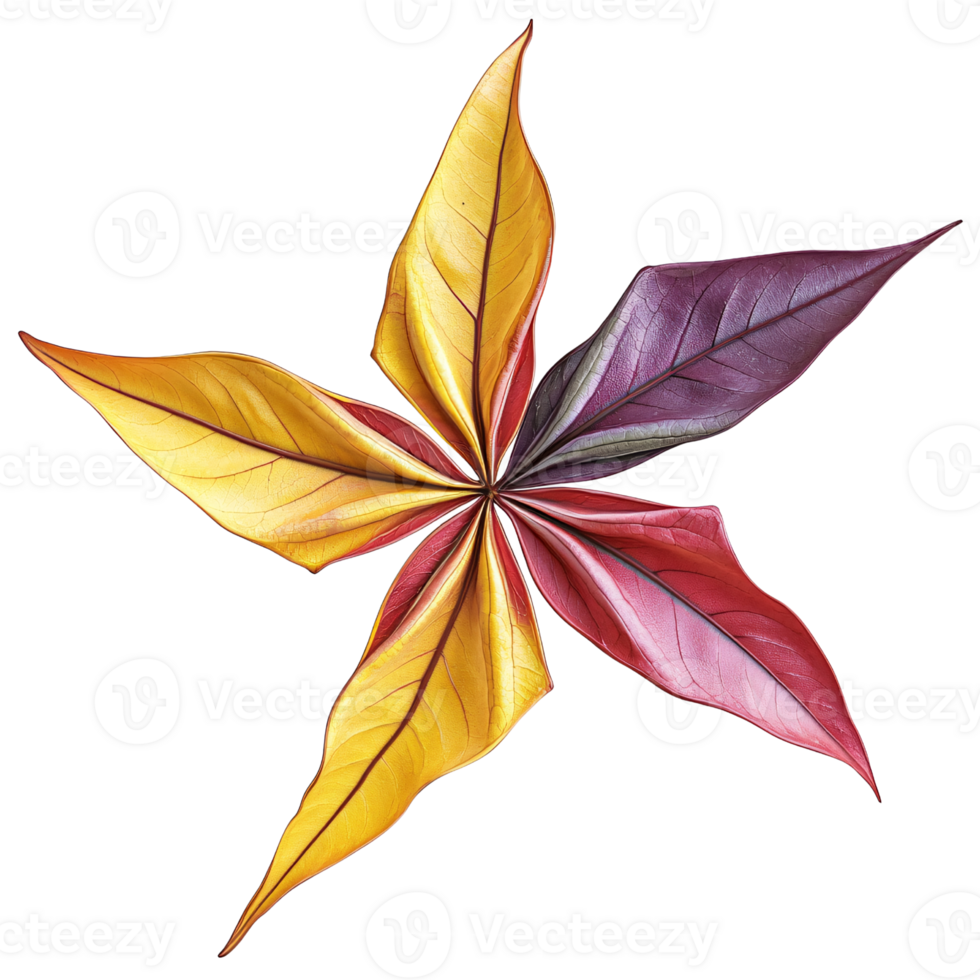 Abstract star shape made of colorful autumn leaves on a transparent background Concept of fall season, nature, and creative design png