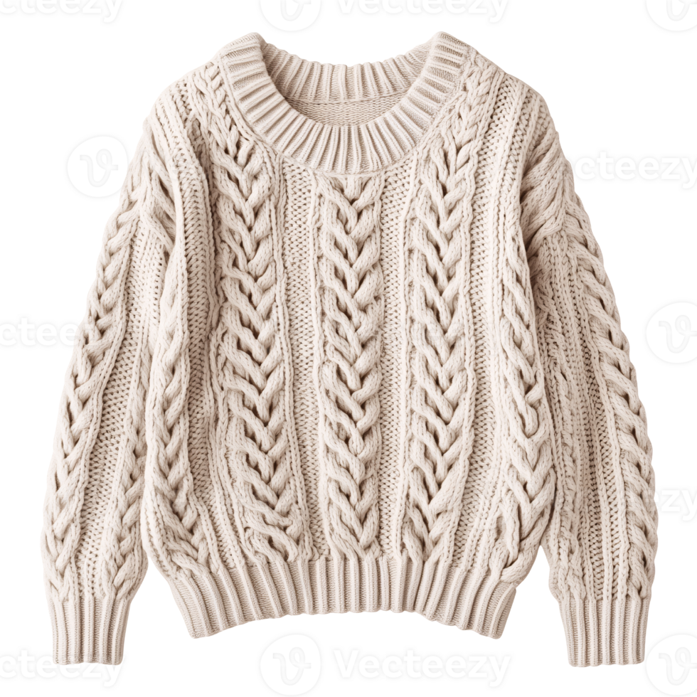 Cream cable knit sweater on a transparent background Cozy and warm wool sweater with intricate braid pattern for winter fashion and apparel design png