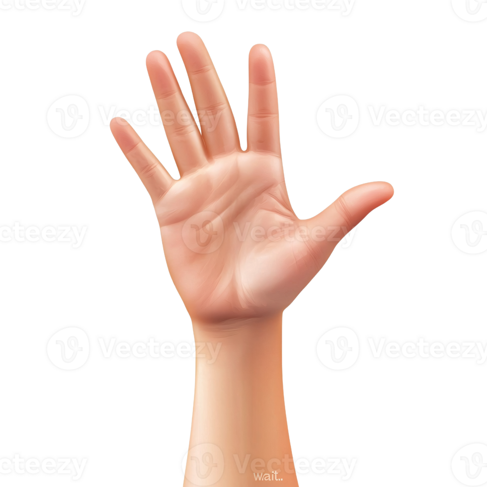Caucasian adult hand with open palm and fingers raised on transparent background, concept of stop, greeting, or high five png