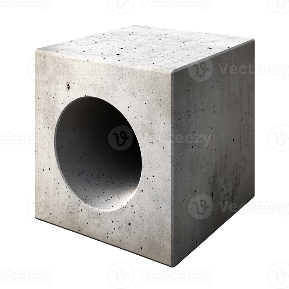 Concrete cube with circular hole on transparent background Architectural element, construction material, or modern art concept png