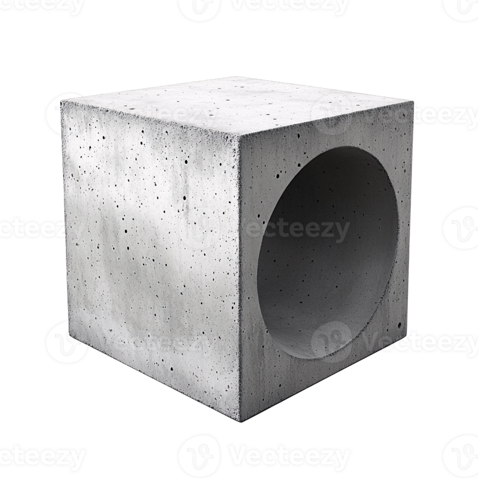 Modern gray concrete cube with circular hole on a transparent background Architectural design element for urban landscape and minimalist construction png