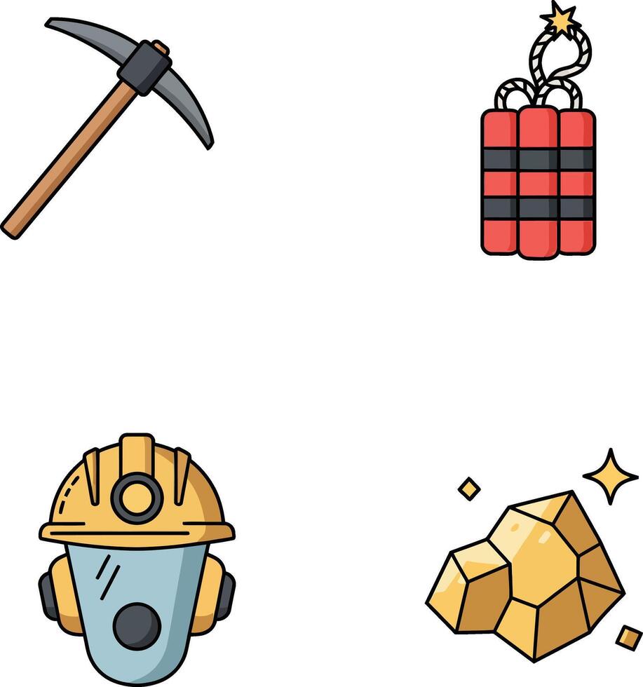 Mining pickaxe helmet dynamite and gold nuggets illustration set vector