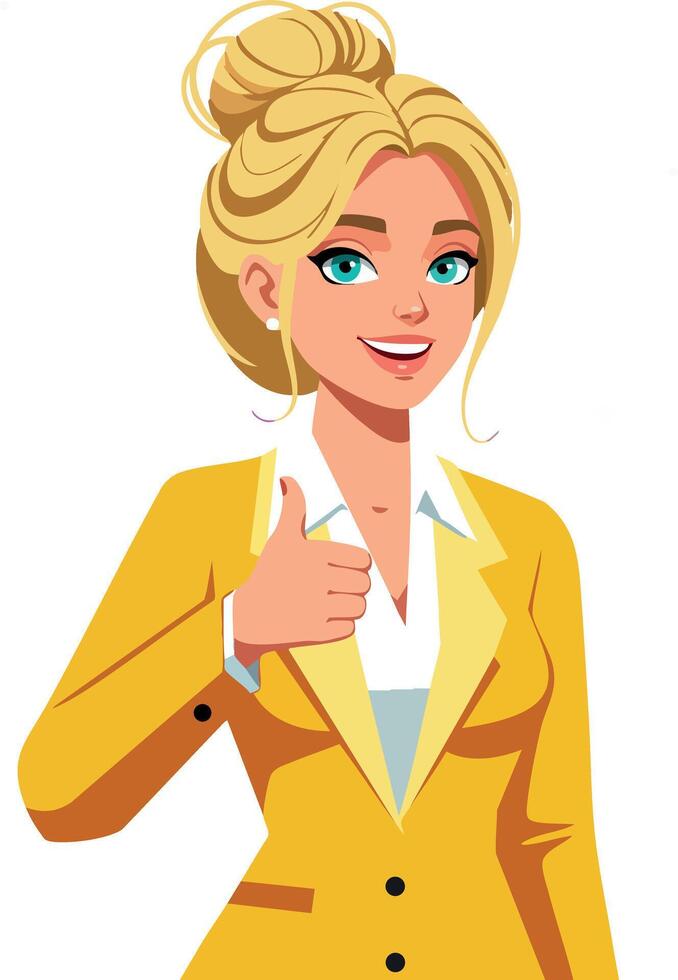 Businesswoman in yellow jacket giving thumbs up positive gesture illustration vector