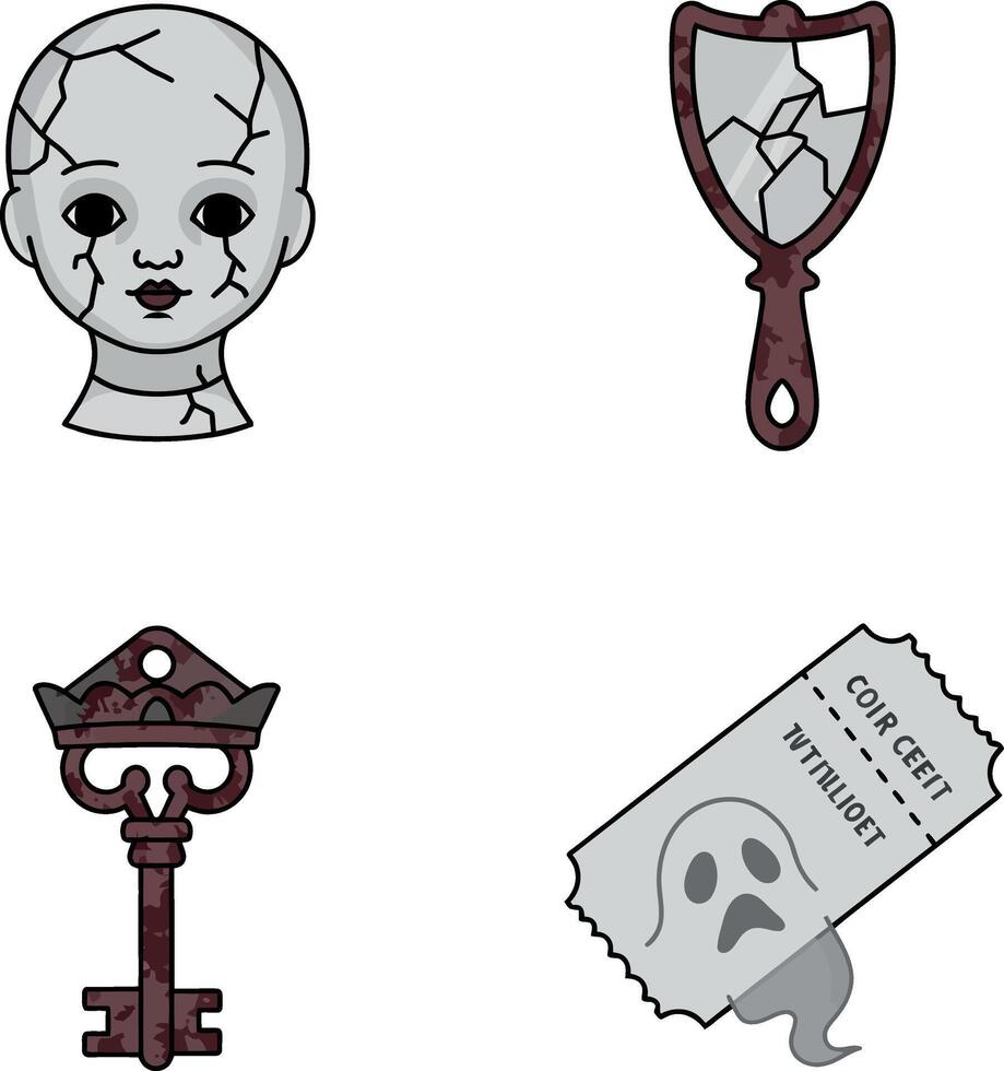 Cracked vintage doll head broken mirror old key ghost ticket spooky illustration vector