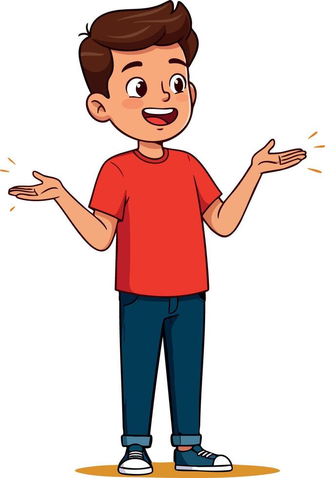Boy in red shirt and blue pants smiling with open arms illustration vector